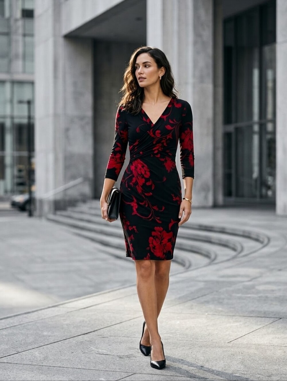 Lauren Ralph Lauren Black Dress with Red Floral Faux-Wrap